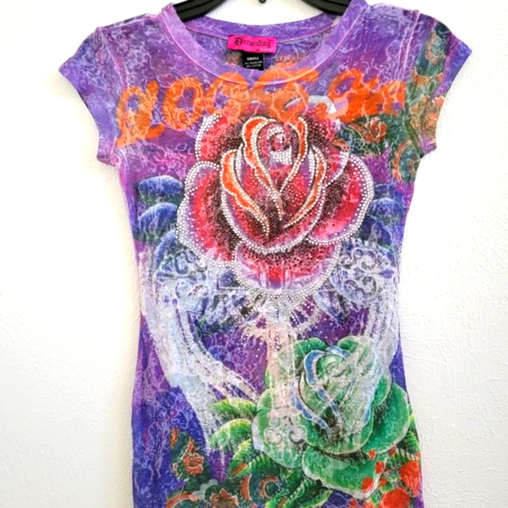 Demanding by Say What blouse tattoo graphic rose print with rhinestones Size S